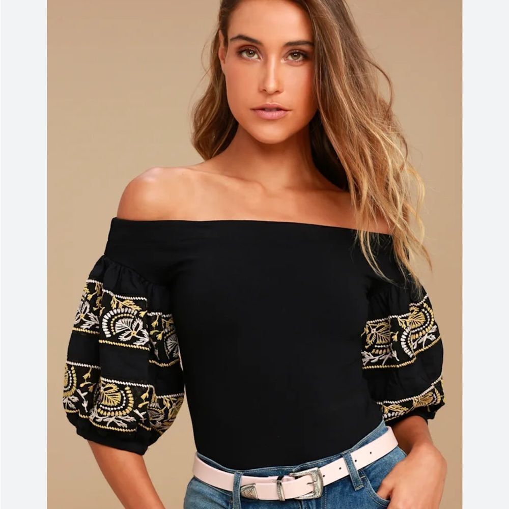 Free People Rock With It Black Embroidered Off-the-Shoulder Top Size XS